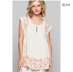 POL Cream Floral Print Mixed Media Button Tank/Sleeveless Top